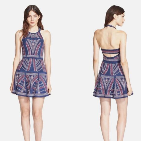Parker Dresses & Skirts - Parker Blue Leona Embroidered Fit & Flare Cutout Open Back Halter Short Dress M